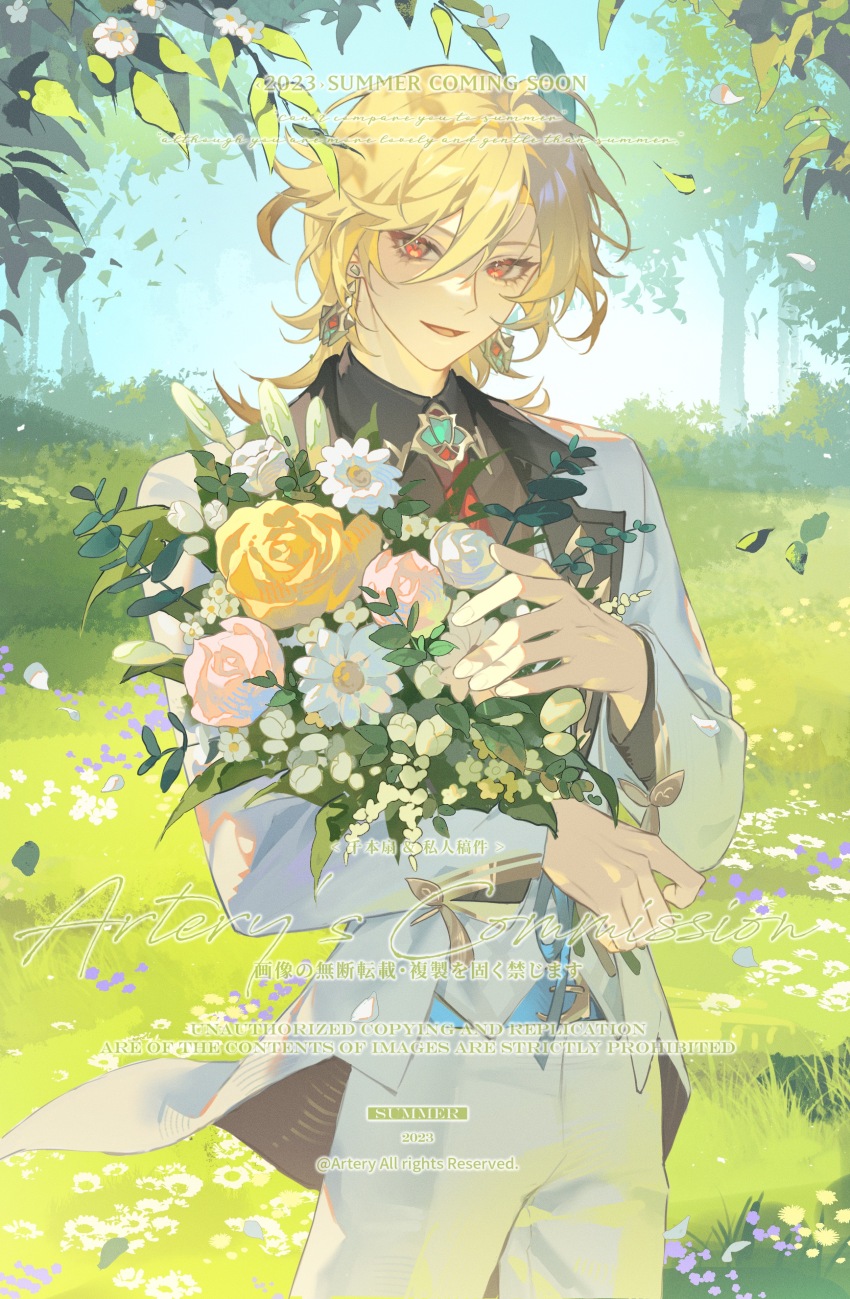 1boy :d absurdres black_shirt blonde_hair blue_vest bouquet brooch bud commission commissioner_name cowboy_shot daisy day earrings falling_leaves feather_hair_ornament feathers flower formal_clothes genshin_impact grass hair_between_eyes hair_ornament highres holding holding_bouquet jacket jewelry kaveh_(genshin_impact) kaveh_(gigo)_(genshin_impact) lapels leaf long_sleeves looking_at_viewer male_focus medium_hair necktie notched_lapels official_alternate_costume open_clothes open_jacket open_mouth outdoors pants pink_flower pink_rose qianben_shan red_eyes red_necktie rose shirt smile solo standing suit suit_jacket tree vest watermark white_flower white_jacket white_pants white_rose white_suit yellow_flower yellow_rose