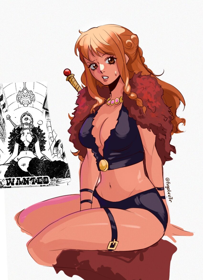 1girl belt braided_sidelocks breasts capelet cleavage fugoluv3r fur_capelet highres jewelry long_hair looking_at_viewer nami_(one_piece) nami_(one_piece)_(elbaf) navel necklace one_piece orange_hair reference_inset sidelocks solo sweat sword sword_behind_back thigh_belt thigh_strap thighs twitter_username weapon