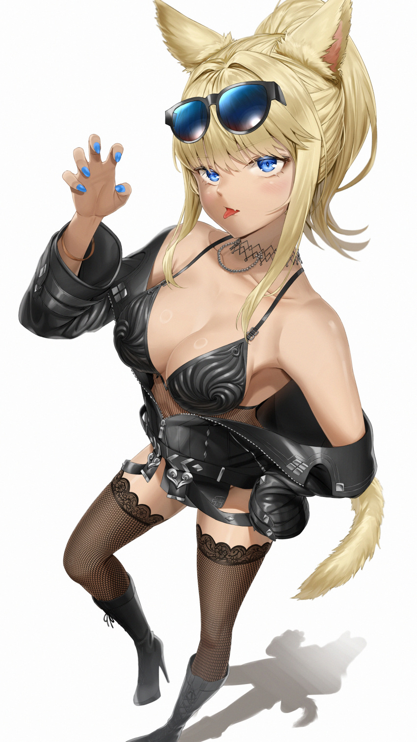 1girl absurdres armpits bikini black_bikini blonde_hair blue_eyes boots bracelet breasts claw_pose cleavage commission dark-skinned_male dark_skin eyebrows_hidden_by_hair eyewear_on_head fang final_fantasy final_fantasy_xiv fishnet_thighhighs fishnets full_body gyaru hair_between_eyes high_heels highres jacket jewelry knee_boots large_breasts leather leather_jacket looking_at_viewer miqo&#039;te nail_polish navel necklace open_mouth partially_unzipped pixel_(yuxian) pixiv_commission ponytail simple_background solo standing standing_on_one_leg stiletto_heels sunglasses swimsuit thigh_strap thighhighs tongue tongue_out warrior_of_light_(ff14) white_background