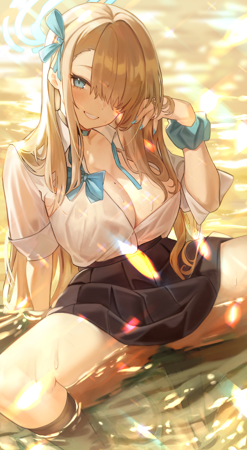 1girl absurdres arm_support asuna_(blue_archive) asymmetrical_bangs black_skirt black_socks blonde_hair blue_archive blush bowtie breasts cleavage feet_out_of_frame fingernails hair_over_one_eye halo hell2_(ses0297) highres large_breasts light_particles long_bangs looking_at_viewer mole mole_on_breast nail_polish one_eye_covered open_collar pleated_skirt scrunchie shirt sitting skirt smile socks solo spread_legs undone_bowtie wet wet_clothes wet_shirt white_shirt wrist_scrunchie