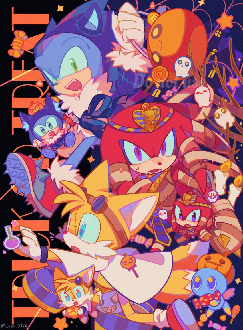 3boys alternate_costume chibi halloween halloween_costume highres knuckles_the_echidna lazy_kun multiple_boys no_humans sonic_(series) sonic_the_hedgehog tails_(sonic)