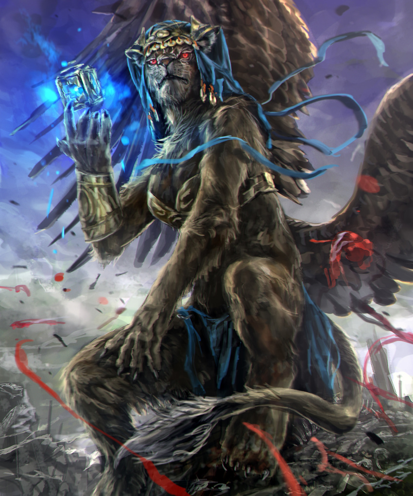 absurdres bracelet fantasy full_body highres jewelry kamigoku_no_valhalla_gate mad_(artist) monster no_humans outdoors red_eyes shingoku_no_valhalla_gate sitting solo sphinx standing wings