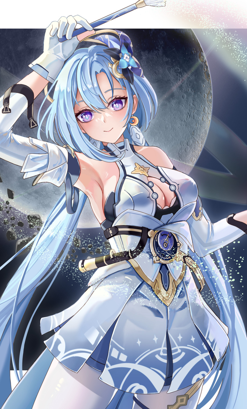 1girl absurdres arm_up armpits bare_shoulders blue_dress blue_hair breasts cleavage_cutout clothing_cutout cowboy_shot crescent crescent_earrings detached_sleeves dress eareay earrings flower gloves griseo griseo_(cosmic_expression) hair_flower hair_ornament highres holding holding_brush honkai_(series) honkai_impact_3rd jewelry large_breasts light_blue_hair long_hair long_sleeves pantyhose planet purple_eyes smile solo space white_gloves white_pantyhose