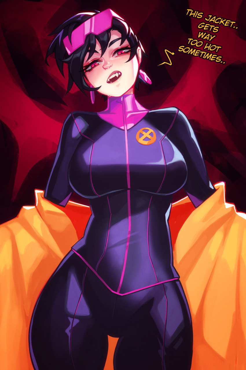 1girl black_hair bodysuit breasts cowboy_shot earrings english_text eyewear_on_head fangs glasses head_tilt highres jacket jewelry jubilee large_breasts looking_at_viewer marvel open_mouth qtori red_eyes short_hair solo standing x-men yellow_jacket