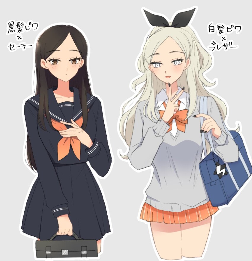 1girl alternate_costume bag black_nails black_serafuku black_shirt black_skirt blush bow bowtie brown_eyes closed_mouth collarbone collared_shirt commentary_request creatures_(company) eri_(pokemon) eyelashes game_freak grey_background grey_eyes grey_sweater hair_behind_ear highres long_hair long_sleeves multiple_views nail_polish neckerchief nintendo ohn_pkmn orange_bow orange_bowtie orange_neckerchief orange_skirt outline parted_bangs pleated_skirt pokemon pokemon_sv school_uniform serafuku shirt sidelocks skirt smile sweater translation_request v white_shirt