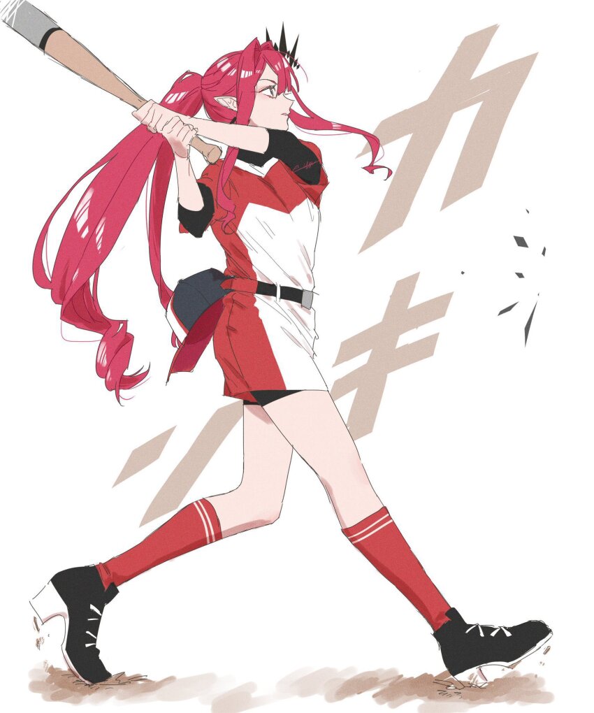 1girl baobhan_sith_(fate) baseball_bat baseball_cap baseball_uniform black_footwear ekuta fate/grand_order fate_(series) full_body grey_eyes hair_ornament hat highres long_hair pink_hair pointy_ears ponytail red_shirt red_shorts red_socks shirt shorts socks solo sportswear swinging two-tone_shirt two-tone_shorts unworn_hat unworn_headwear white_background white_shirt white_shorts