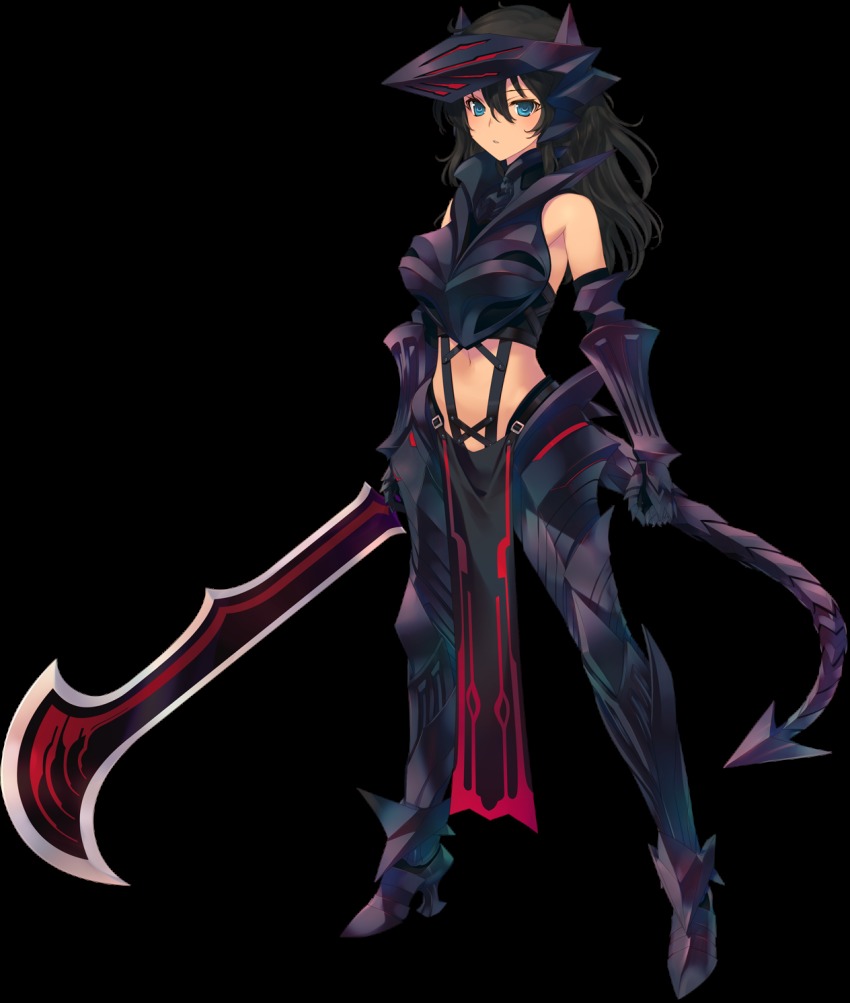 1girl aquaplus armor armored_boots black_hair blue_eyes boots bou_(inubou) breastplate dark-skinned_female dark_skin dungeon_travelers_2 female_focus full_body gauntlets grisherina_efleanor helmet highres holding holding_weapon long_hair looking_at_viewer midriff pelvic_curtain solo standing sword transparent_background weapon