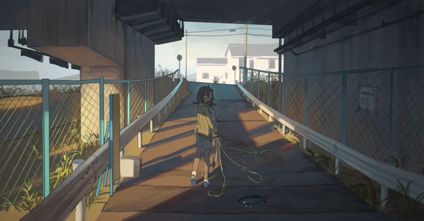 1girl bad_id bad_misskey.io_id black_hair blue_footwear blue_shorts bridge building chain-link_fence crying dark_skin fence fish hair_between_eyes hood hood_down hoodie jitome looking_back original power_lines rope scenery shadow shoes shorts socks solo standing tensen_(dotted_line) under_bridge webp-to-png_conversion yellow_eyes