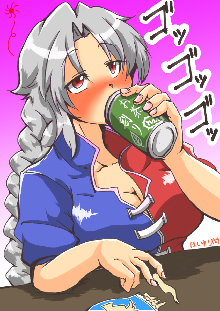 1girl absurdres beer_can blue_shirt braid breasts can collarbone drink_can drunk gradient_background grey_hair highres holding holding_can long_hair medium_breasts pink_background red_shirt shirt simple_background solo star5alice touhou two-tone_shirt upper_body white_background yagokoro_eirin