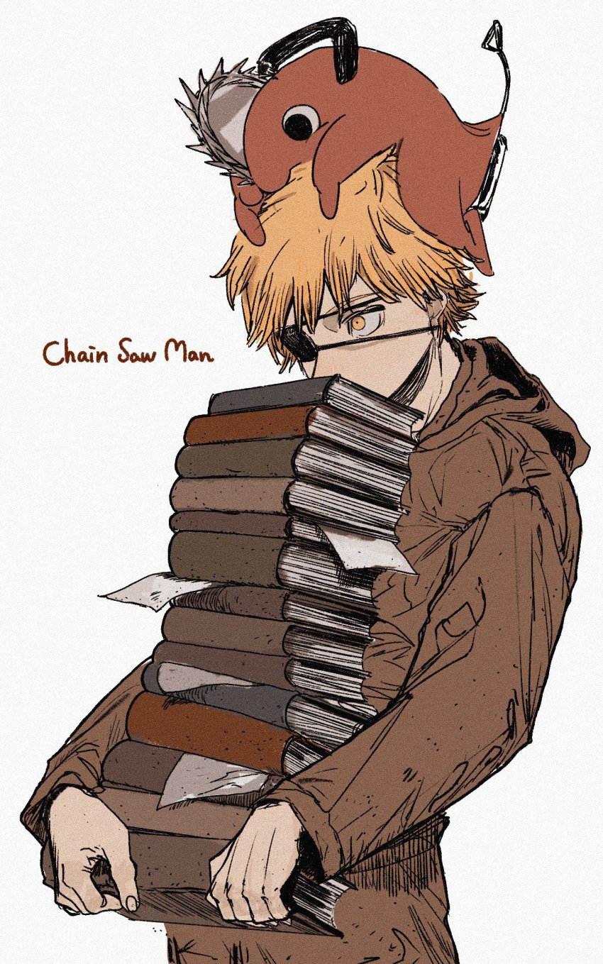 1boy animal animal_on_head blonde_hair book book_stack brown_hoodie chainsaw chainsaw_man covered_mouth denji_(chainsaw_man) eyepatch highres holding holding_book hood hoodie looking_to_the_side on_head pochita_(chainsaw_man) short_hair simple_background solo_focus spiked_hair tasuketemama white_background yellow_eyes