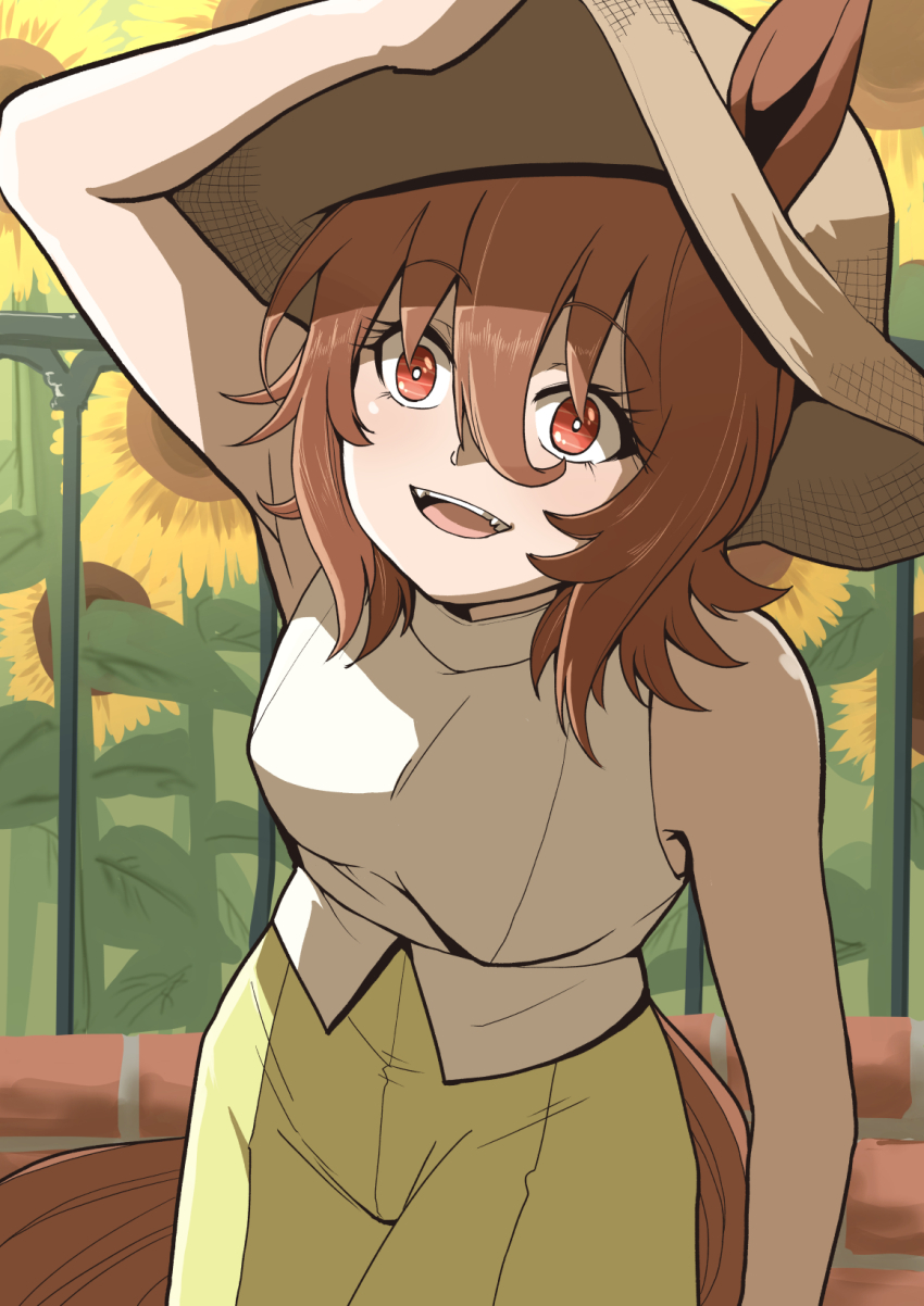 1girl agnes_tachyon_(umamusume) alternate_costume animal_ears arm_up bare_shoulders brown_hair commentary_request cowboy_shot ears_through_headwear fence field flower flower_field green_skirt hair_between_eyes hat highres horse_ears horse_girl horse_tail light_blush messy_hair open_mouth red_eyes shirt short_hair skirt sleeveless sleeveless_shirt smile solo sun_hat sunflower sunflower_field tail teeth umamusume upper_teeth_only verta_(verlaine)