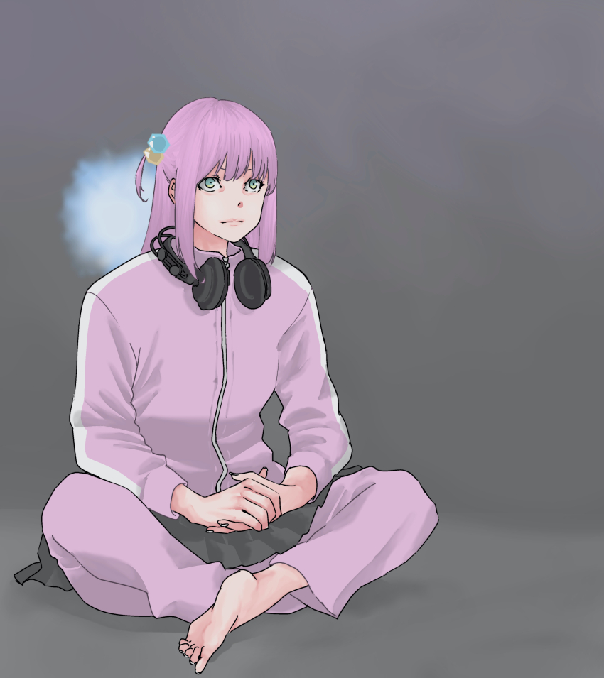 1girl abstract_background absurdres album_cover_redraw asa-chang_&amp;_junray barefoot black_skirt bocchi_the_rock! closed_mouth commentary derivative_work full_body gotoh_hitori green_eyes grey_background hair_bobbles hair_ornament headphones headphones_around_neck highres indian_style jacket long_hair long_sleeves one_side_up own_hands_clasped own_hands_together pants pants_under_skirt pink_hair pink_jacket pink_pants pink_track_suit pleated_skirt sitting skirt skrmtl solo