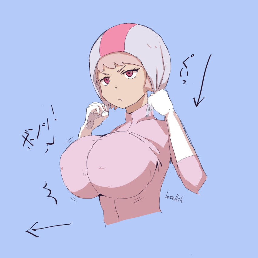 1girl batta_16-sei breasts chuatury_panlunch closed_mouth covered_erect_nipples gundam gundam_suisei_no_majo large_breasts pink_eyes pink_hair simple_background solo upper_body