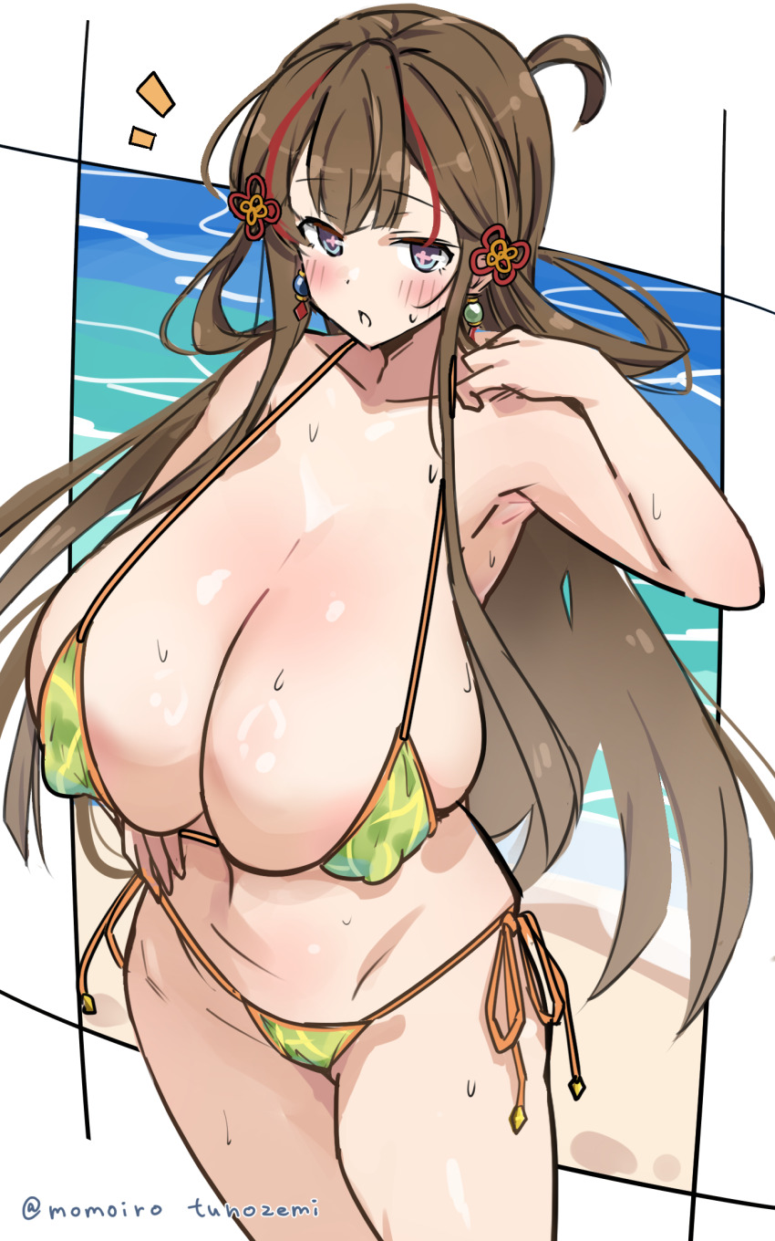 +_+ 1girl beach bikini blush breasts brown_hair chinese_knot commission commissioner_upload covered_erect_nipples crested_ibis earrings flower-shaped_pupils hair_ornament hair_rings hairpin highres huge_breasts jewelry long_hair looking_at_viewer melon_print micro_bikini mismatched_earrings momoiro_tunozemi multicolored_hair multiple_hairpins navel ocean pink_pupils red_hair revealing_clothes senran_kagura skeb_commission streaked_hair string_bikini swimsuit symbol-shaped_pupils toki_(senran_kagura) wet