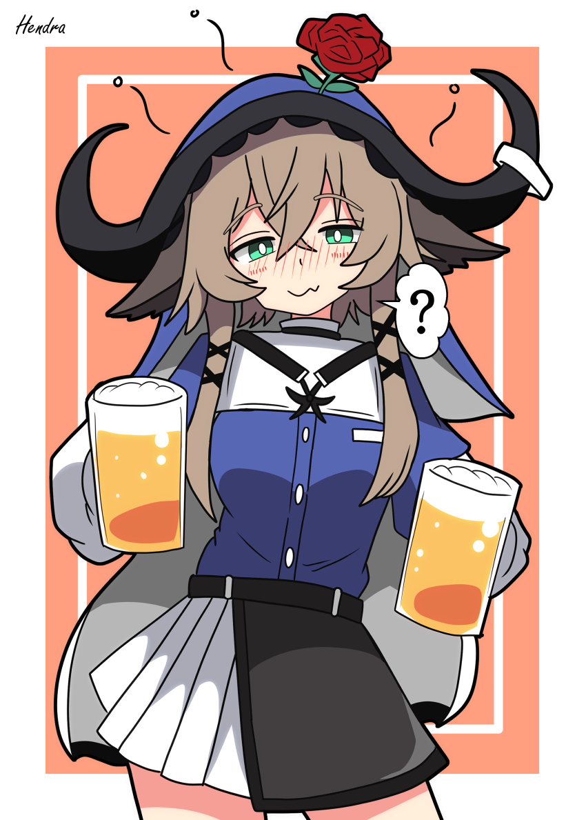 1girl ? absurdres alcohol anime_coloring arknights artist_name beer beer_mug belt black_belt black_outline black_skirt blue_shirt blush border bright_pupils brown_hair commentary_request cowboy_shot crossed_bangs cup drink drunk eyes_visible_through_hair flower green_eyes hair_between_eyes hair_ornament headscarf hendra highres holding holding_drink jacket long_hair looking_at_viewer mug nose_blush off_shoulder one-hour_drawing_challenge orange_background outline outside_border pallas_(arknights) pleated_skirt red_flower red_rose rose shirt sidelocks signature simple_background skirt smile solo spoken_question_mark squeans standing white_border white_jacket white_pupils white_skirt x_hair_ornament