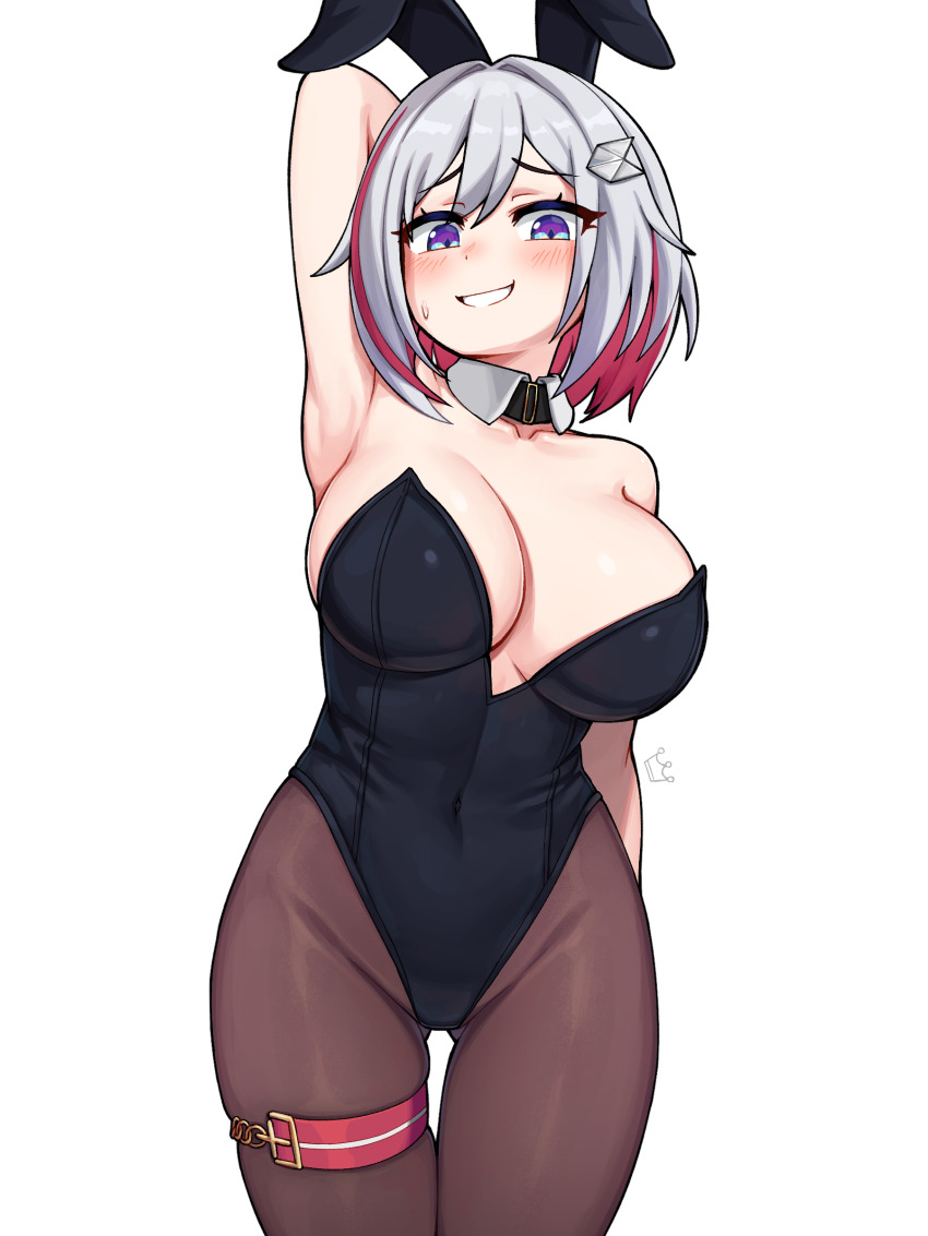 1girl absurdres animal_ears arm_behind_head arm_up armpits bippew black_leotard black_pantyhose blush breasts collarbone colored_inner_hair covered_navel detached_collar fake_animal_ears grey_hair hair_between_eyes highres honkai:_star_rail honkai_(series) large_breasts leotard looking_at_viewer medium_hair multicolored_hair pantyhose playboy_bunny rabbit_ears red_hair simple_background skindentation smile solo sweatdrop thigh_gap thigh_strap topaz_(honkai:_star_rail) white_background