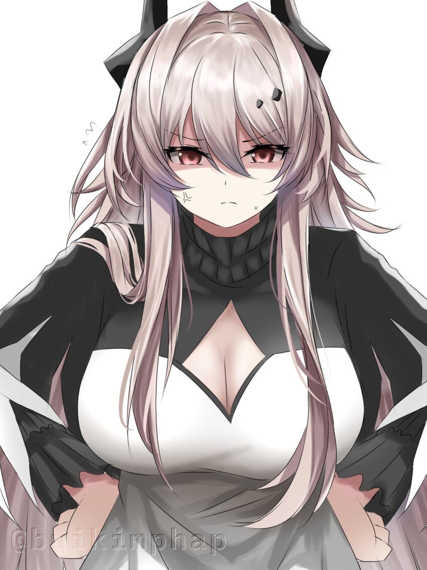 1girl anger_vein arknights black_horns breasts cleavage cleavage_cutout closed_mouth clothing_cutout flying_sweatdrops glaring grey_hair hair_between_eyes hair_intakes hands_on_own_hips highres horns large_breasts long_hair long_sleeves looking_at_viewer phap2000 shaded_face simple_background solo theresa_(arknights) twitter_username watermark white_background