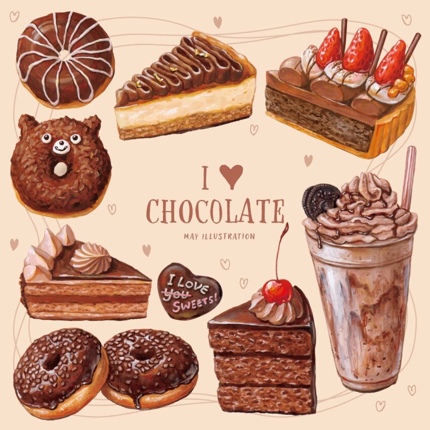 cake cake_slice cheesecake cherry chocolate_cake cookie doughnut drink drinking_straw food food_focus fruit heart icing may_illust5 no_humans original pastry still_life strawberry whipped_cream