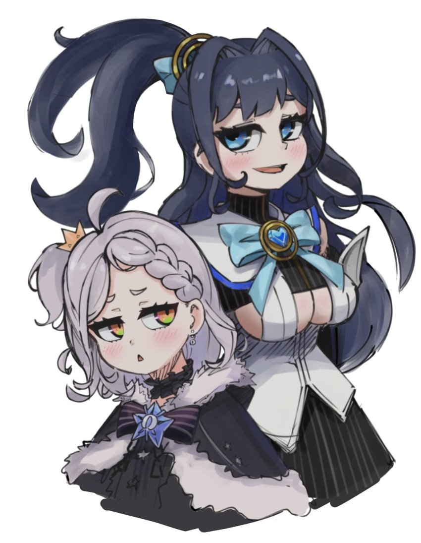 2girls ahoge alternate_hairstyle black_hair blue_eyes braid breasts capelet clothing_cutout crown earrings eyebrows_hidden_by_hair green_eyes grey_hair highres hololive hololive_english jewelry large_breasts mini_crown multicolored_eyes multiple_girls murasaki_shion murasaki_shion_(gothic_lolita) one_side_up open_mouth orange_eyes ouro_kronii ponytail sketch smile tilted_headwear toripuru_(tripl3) underboob underboob_cutout virtual_youtuber