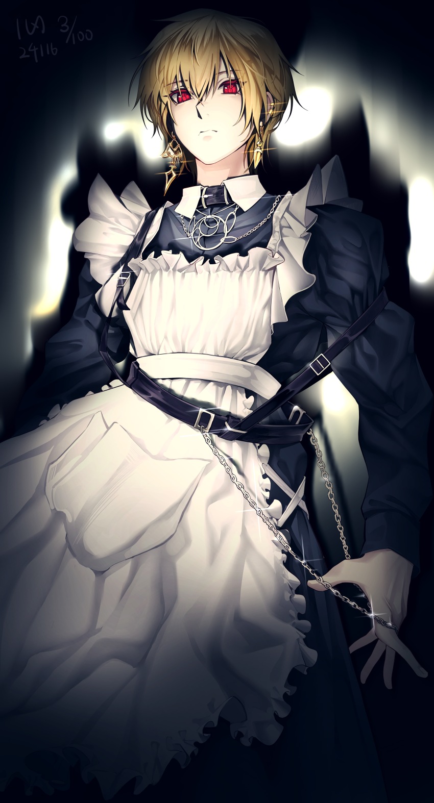 1_yuan 1boy absurdres alternate_costume androgynous apron belt black_dress blonde_hair chain collar crossdressing dress earrings enmaided frilled_apron frills highres hunter_x_hunter jewelry kurapika long_sleeves looking_at_viewer maid maid_apron male_focus male_maid necklace red_eyes short_hair solo spotlight white_apron