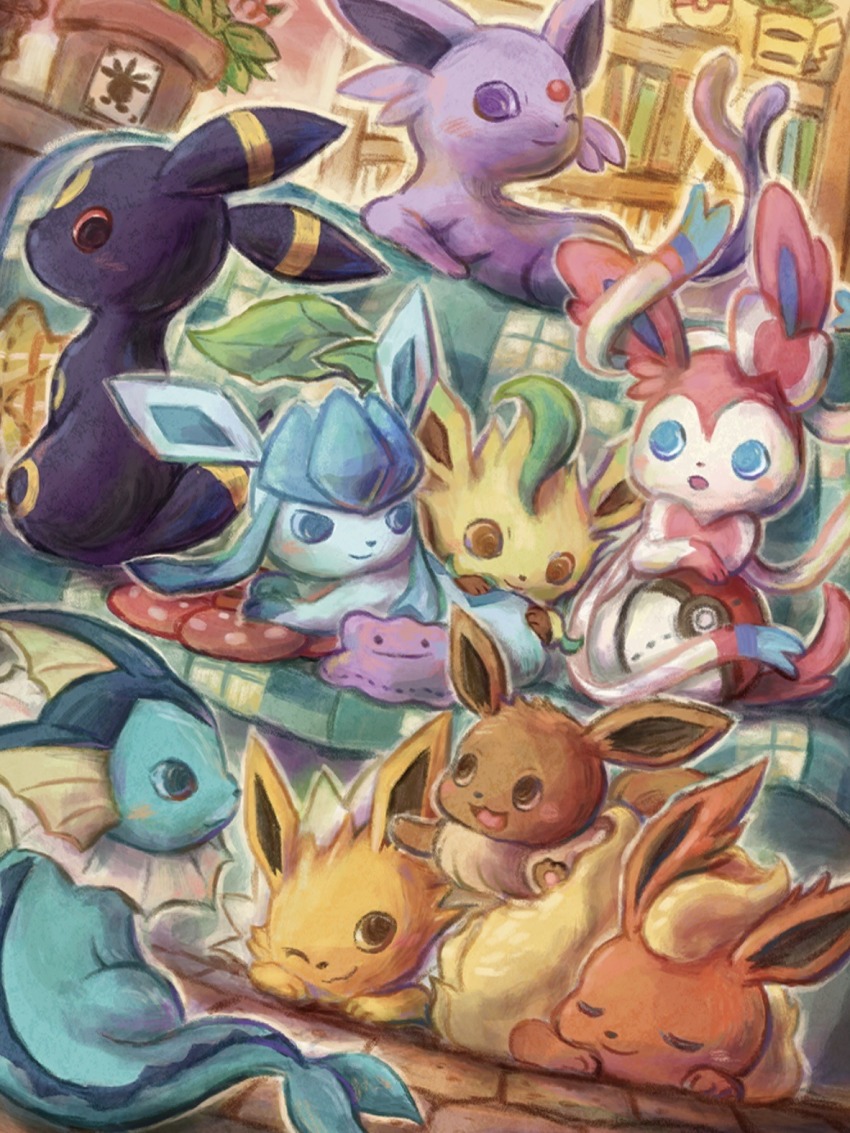 :3 ;) animal_focus artist_request bad_tag blue_eyes book bookshelf brown_eyes closed_eyes closed_mouth commentary couch creatures_(company) ditto eevee english_commentary espeon evolutionary_line flareon flower_pot game_freak gen_1_pokemon gen_2_pokemon gen_4_pokemon gen_6_pokemon glaceon highres jolteon leafeon nintendo no_humans oddish official_art on_couch one_eye_closed open_mouth pikachu plant poke_ball poke_ball_(basic) pokemon pokemon_(creature) pokemon_home potted_plant purple_eyes smile stuffed_toy sylveon third-party_source umbreon vaporeon vileplume