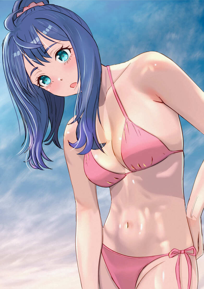 1girl absurdres ahoge bikini blue_eyes blue_hair blue_sky breasts cloud cowboy_shot highres kousan leaning_to_the_side looking_at_viewer make_heroine_ga_oo_sugiru! medium_breasts medium_hair navel pink_bikini ponytail side-tie_bikini_bottom sky solo swimsuit yanami_anna