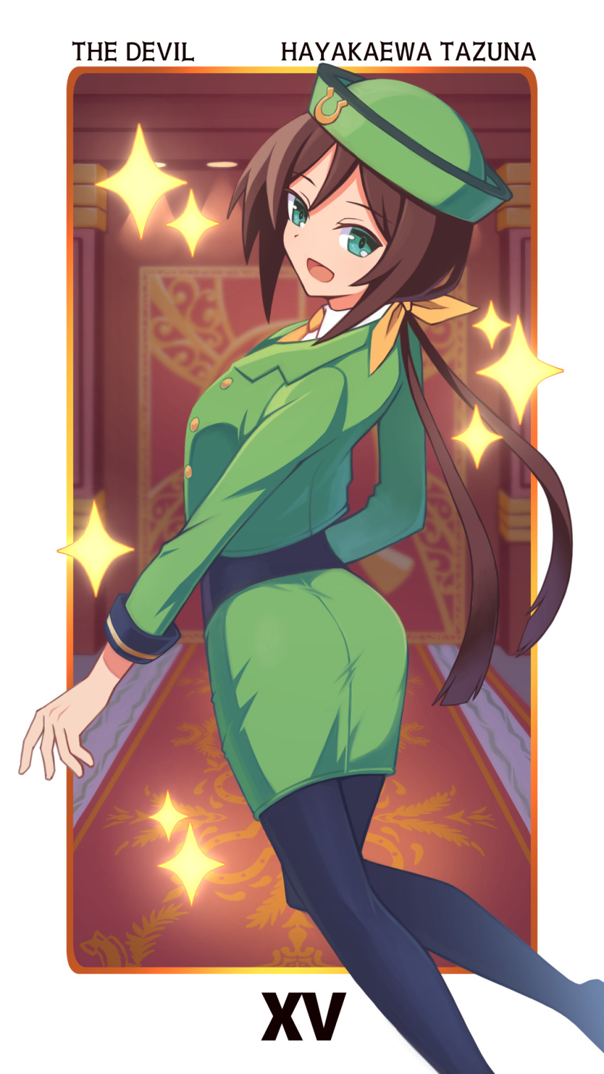 1girl black_pantyhose border brown_hair character_name green_eyes green_hat green_jacket green_skirt hair_ribbon hat hayakawa_tazuna hibun_tsukasa highres jacket long_hair looking_at_viewer looking_back open_mouth pantyhose ribbon roman_numeral skirt solo sparkle tarot the_devil_(tarot) umamusume white_border