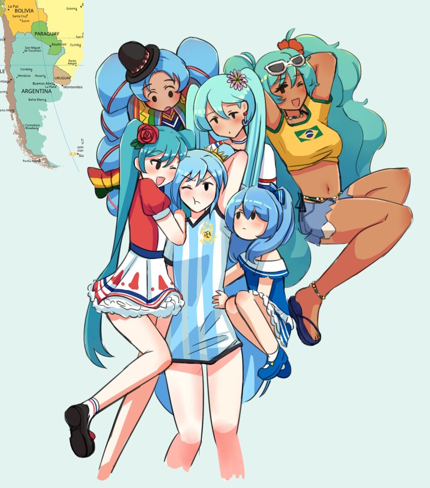 6+girls :t argentina argentinian_miku black_hat blue_dress blue_hair blue_shorts blush bolivia bolivian_miku brazil brazilian_miku breasts chile chilean_miku closed_mouth commentary_request dark-skinned_female dark_skin dress expressionless eyewear_on_head flat_chest flip-flops flower frilled_skirt frills frown full_body hat hatsune_miku highres hug long_hair looking_at_another looking_at_viewer map medium_breasts midriff mogemochi multiple_girls multiple_persona navel no_sclera off-shoulder_dress off_shoulder one_eye_closed open_mouth paraguay paraguayan_miku portuguese_commentary pout red_flower red_rose red_shirt rose sandals shirt short_shorts shorts skirt smile soccer_uniform sportswear sunglasses tan twintails uruguay vocaloid white-framed_eyewear white_skirt worldwide_miku yellow_shirt