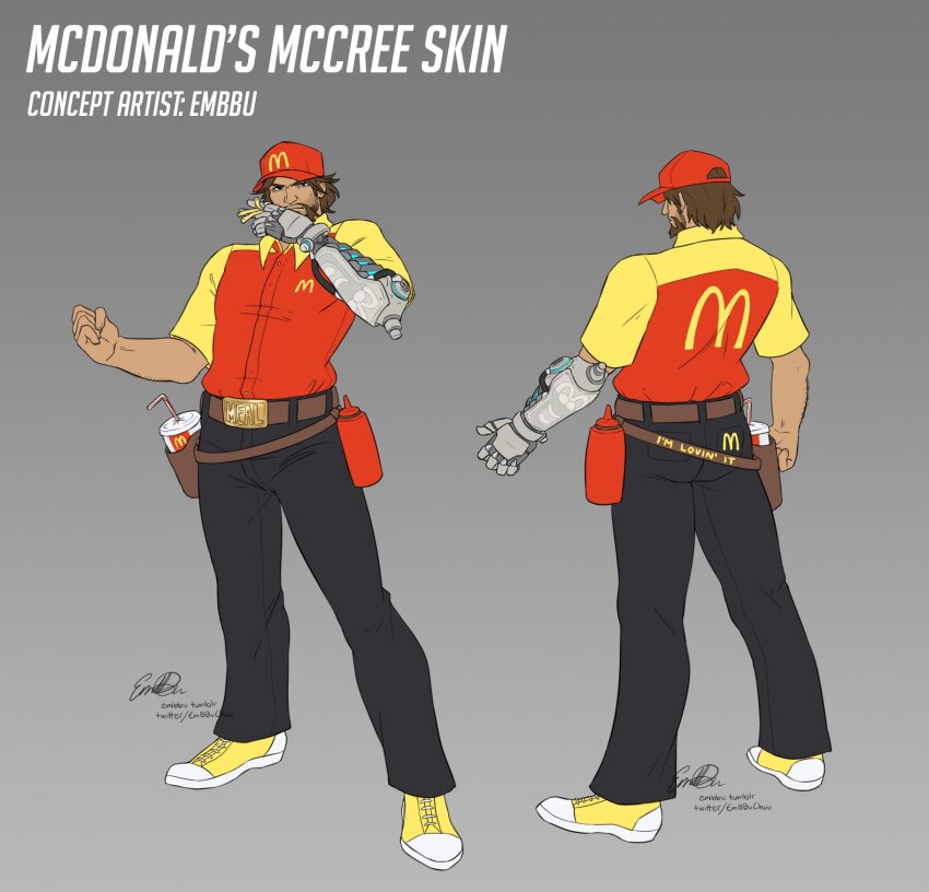 1boy artist_name baseball_cap beard belt belt_buckle black_pants brown_hair buckle cassidy_(overwatch) character_name commentary cup disposable_cup drinking_straw embbu employee_uniform english_commentary english_text facial_hair fast_food_uniform food french_fries hat highres holding holding_food holster ketchup_bottle looking_at_viewer male_focus mcdonald&#039;s mechanical_arms multicolored_shirt overwatch overwatch_1 pants red_hat red_shirt shirt short_hair signature single_mechanical_arm tumblr_username twitter_username wing_collar yellow_footwear yellow_shirt