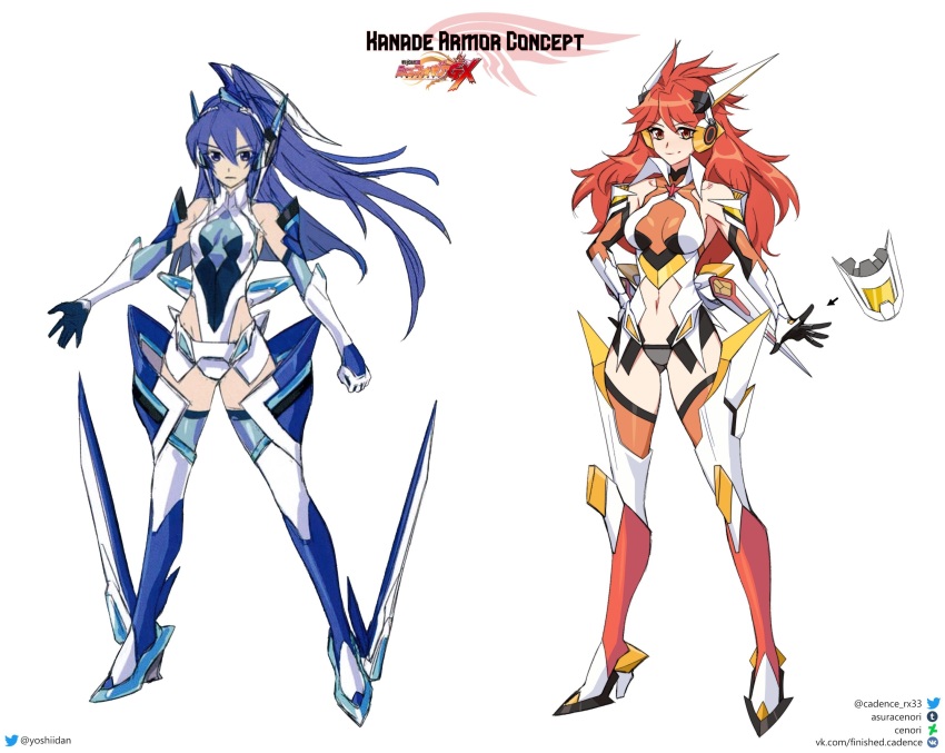 2girls amou_kanade blue_eyes blue_hair bodysuit cenori formal highres kazanari_tsubasa long_hair midriff multiple_girls orange_eyes red_hair senki_zesshou_symphogear suit