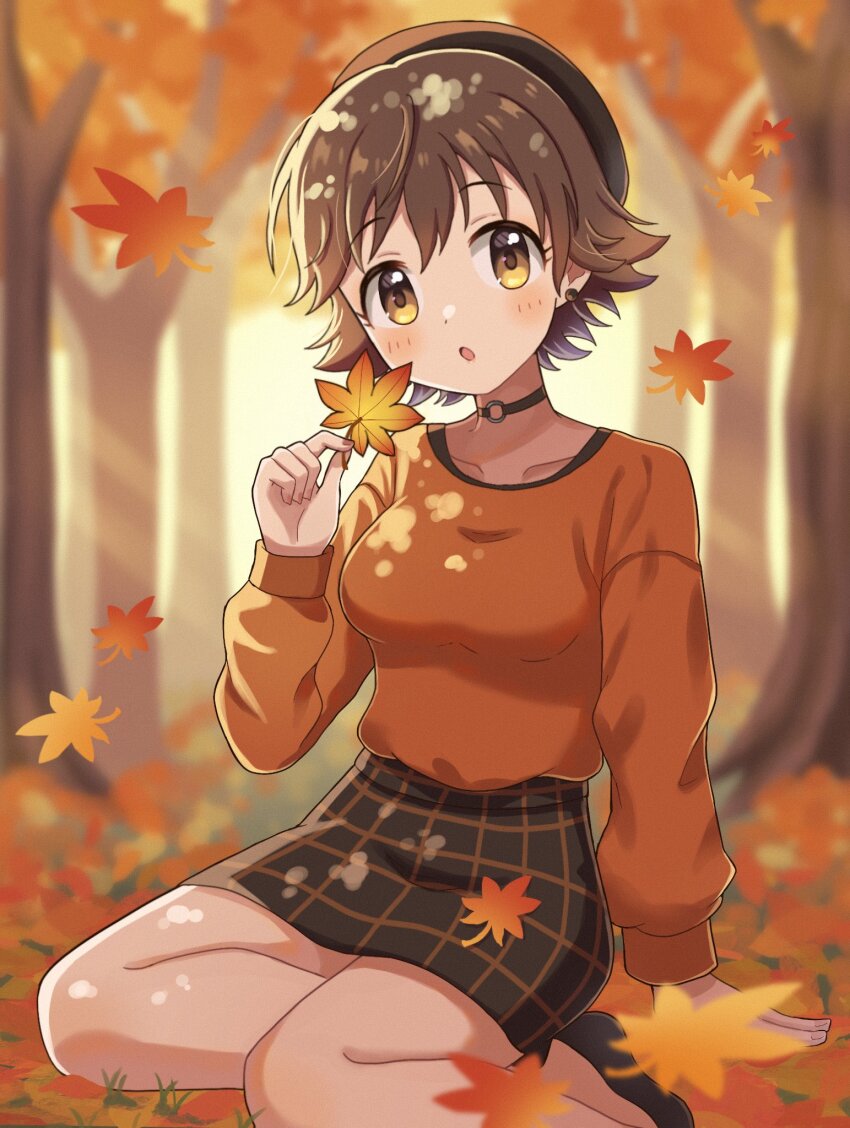 1girl alternate_costume arm_at_side autumn autumn_leaves beret black_collar black_footwear black_hat black_skirt blush breasts brown_eyes brown_hair collar collarbone commentary_request earrings falling_leaves fingernails hand_up hat highres holding holding_leaf honda_mio idolmaster idolmaster_cinderella_girls jewelry kneeling leaf long_sleeves looking_at_viewer medium_breasts nature open_mouth orange_sweater outdoors shoes short_hair sidelocks sitting skirt solo sweater swept_bangs three_quarter_view tree yakitouhu3