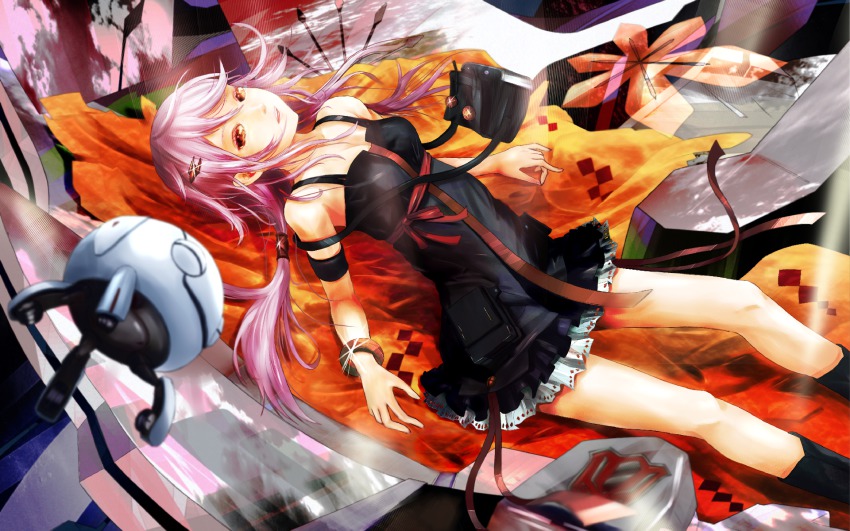 10s 1girl bag bare_shoulders black_skirt boots bracelet dress female_focus frilled_skirt frills fyu-neru guilty_crown hair_ornament hairclip highres jewelry lace long_hair looking_at_viewer miniskirt pink_hair red_eyes ribbon skirt solo sputnik_films twintails yuzuriha_inori