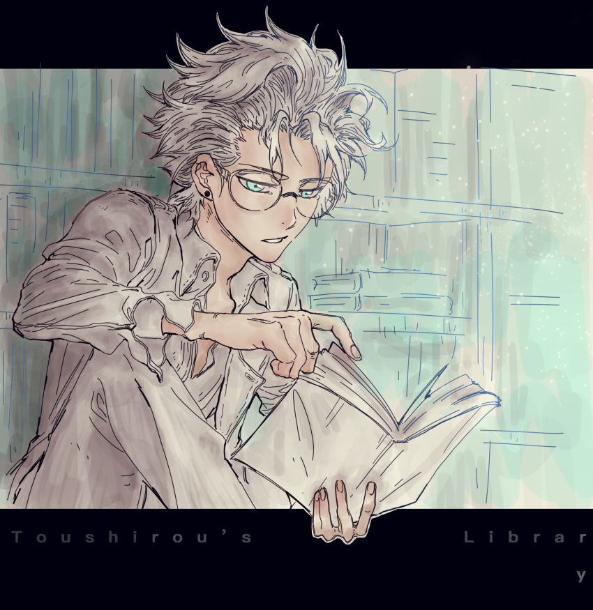 1boy alternate_costume bespectacled bleach book character_name collared_shirt commentary contemporary earrings english_commentary glasses green_eyes hair_behind_ear hair_between_eyes hand_up highres hitsugaya_toushirou holding holding_book index_finger_raised indoors jewelry knee_up library long_sleeves looking_down male_focus open_book pants parted_lips reading round_eyewear shirt short_hair simple_background sitting solo spiked_hair stud_earrings upper_body white_hair white_pants white_shirt ze_ro