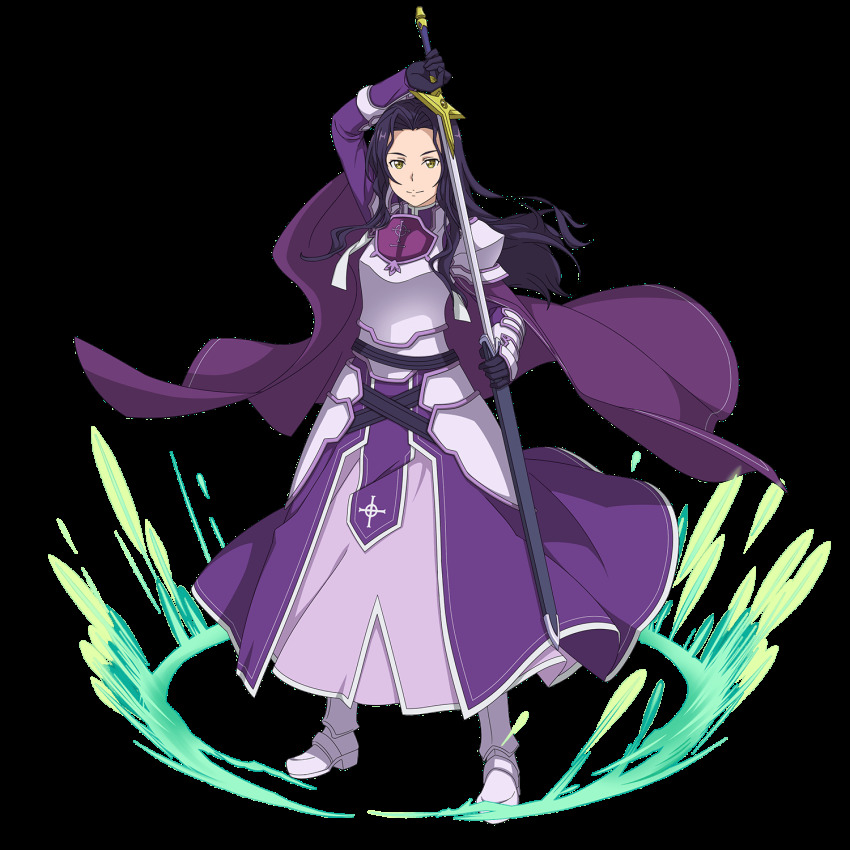 1girl armor armored_boots boots fanatio fanatio_synthesis_two faulds full_body gauntlets hat highres holding holding_sword holding_weapon long_hair official_art purple_armor purple_cap purple_hair sheath shoulder_armor solo standing sword sword_art_online transparent_background unsheathing weapon yellow_eyes