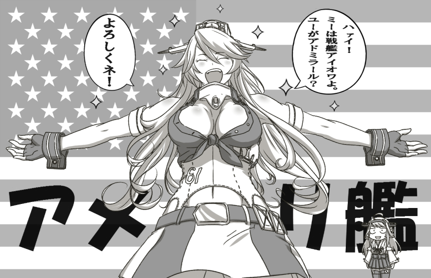 10s 2girls ahoge american_flag bad_id bad_pixiv_id belt blush breasts cleavage constricted_pupils detached_sleeves closed_eyes iowa_(kancolle) kantai_collection kizeminato kongou_(kancolle) long_hair monochrome multiple_girls navel nontraditional_miko open_mouth outstretched_arms skirt standing star_(symbol) sweatdrop very_long_hair wide_sleeves wrist_cuffs