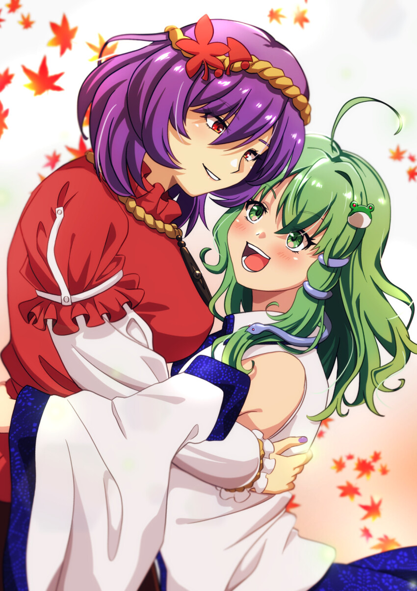 2girls ahoge breasts closed_mouth detached_sleeves eye_contact falling_feathers feathers frilled_shirt_collar frilled_sleeves frills frog_hair_ornament green_eyes green_hair hair_between_eyes hair_ornament hair_tubes highres hug kochiya_sanae layered_sleeves leaf leaf_hair_ornament long_sleeves looking_at_another maple_leaf medium_breasts medium_hair mirror multiple_girls murasaki_tsutsuji mutual_hug nail_polish open_mouth puffy_short_sleeves puffy_sleeves purple_hair purple_nails red_eyes red_shirt rope shimenawa shirt short_sleeves simple_background smile snake_hair_ornament teeth touhou upper_body white_shirt white_sleeves yasaka_kanako