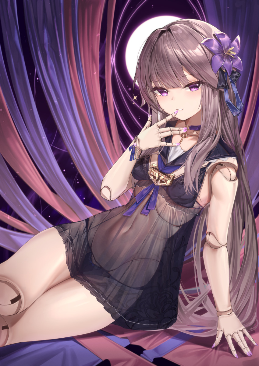 1girl absurdres black_panties brown_hair choker doll_joints flower hair_flower hair_ornament hand_up herta_(honkai:_star_rail) highres honkai:_star_rail honkai_(series) jewelry joints key key_necklace lingerie long_hair looking_at_viewer mung_(larnec) necklace panties purple_choker purple_eyes purple_flower solo underwear