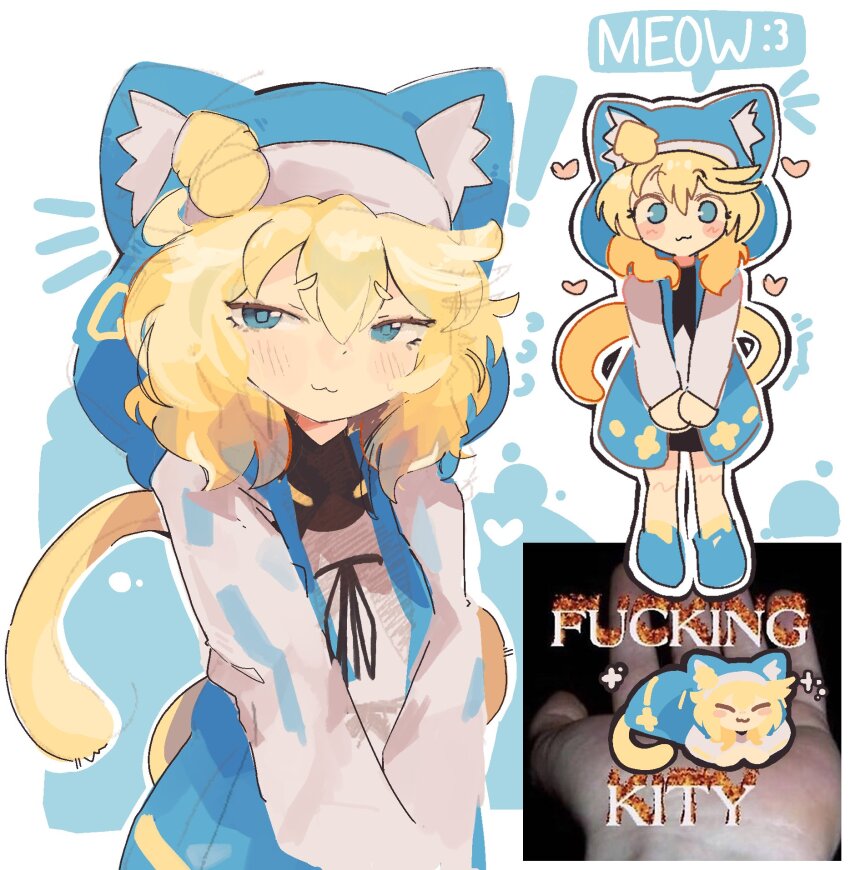 ! 1boy :3 animal_ear_fluff animal_ear_hood animal_ears black_ribbon black_skirt blonde_hair blue_eyes blue_footwear blue_sweater blush blush_stickers bridget_(guilty_gear) cat_boy cat_ears cat_tail chibi commentary english_commentary english_text fake_animal_ears fluffy_hair full_body guilty_gear guilty_gear_strive heart highres hood hooded_sweater long_sleeves looking_at_viewer male_focus medium_hair motion_lines multicolored_clothes multicolored_sweater multiple_views ribbon shirt siquesis skirt smile spoken_exclamation_mark standing sweater tail upper_body white_background white_shirt white_sweater