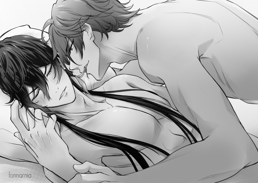 2boys bare_back bare_shoulders biting_earring blush fonnarnia genshin_impact greyscale monochrome multiple_boys on_bed one_eye_closed pinned_arms pinned_down tartaglia_(genshin_impact) twitter_username yaoi zhongli_(genshin_impact)