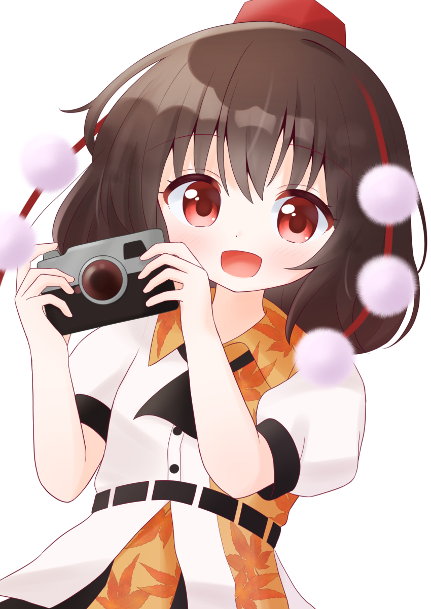 1girl :d ascot black_ascot blush brown_hair buttons camera collared_shirt commentary_request dress_shirt hands_up hat highres holding holding_camera leaf_print looking_at_viewer open_mouth pom_pom_(clothes) puffy_short_sleeves puffy_sleeves red_eyes red_hat shameimaru_aya shirt short_hair short_sleeves simple_background smile solo tokin_hat toriki_fukuro touhou upper_body white_background white_shirt