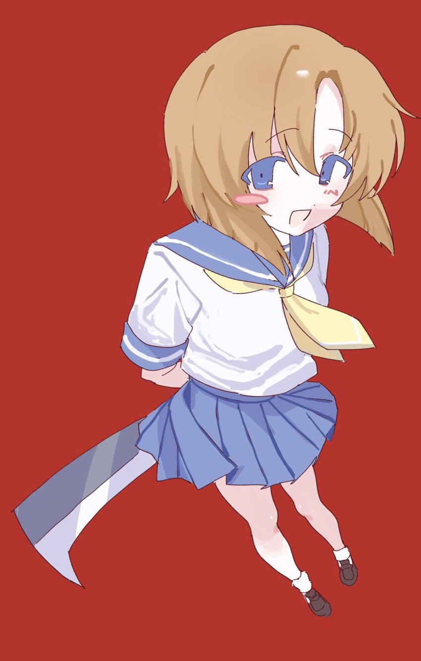 1girl arms_behind_back bare_legs blue_eyes blue_skirt blush_stickers brown_footwear cleaver commentary_request full_body highres higurashi_no_naku_koro_ni holding_cleaver nial open_mouth orange_hair perspective pleated_skirt red_background ryuuguu_rena school_uniform serafuku shirt shoes short_hair skirt smile socks solo standing white_shirt