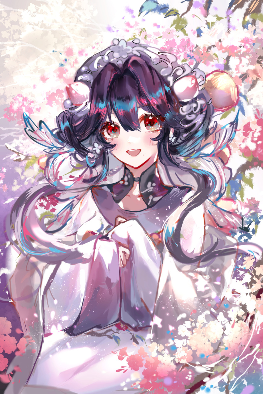 1girl :d absurdres black_hair branch center-flap_bangs cherry_blossoms chinese_clothes dianzi double_bun dress floral_print flower food-themed_hair_ornament futao_ping_(wuhua_mixin) hair_bun hair_intakes hair_ornament highres light_blush light_particles long_sleeves looking_at_viewer luludeer386 open_mouth own_hands_together peach_hair_ornament pink_flower red_eyes sidelocks sleeves_past_wrists smile solo teeth upper_body upper_teeth_only white_dress wide_sleeves winged_hair_ornament wuhua_mixin