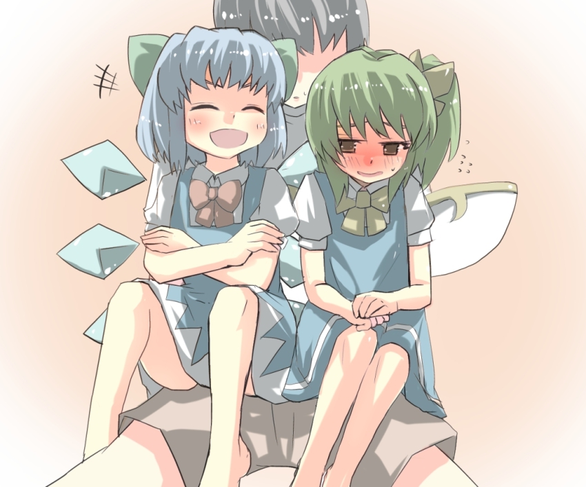 2girls barefoot blue_hair blush bow cirno commentary_request daiyousei faceless faceless_male gaoo_(frpjx283) green_hair hair_bow hetero multiple_girls open_mouth short_hair side_ponytail sitting touhou wings