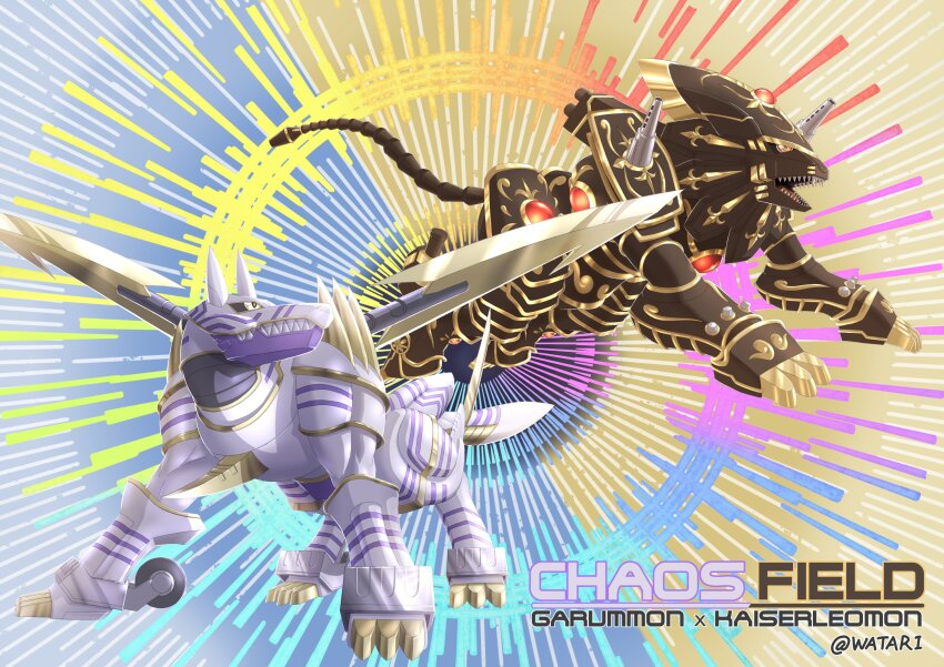 absurdres armor cannon digimon digimon_(creature) digimon_frontier garummon highres kaiserleomon lion sharp_teeth tail teeth wings wolf