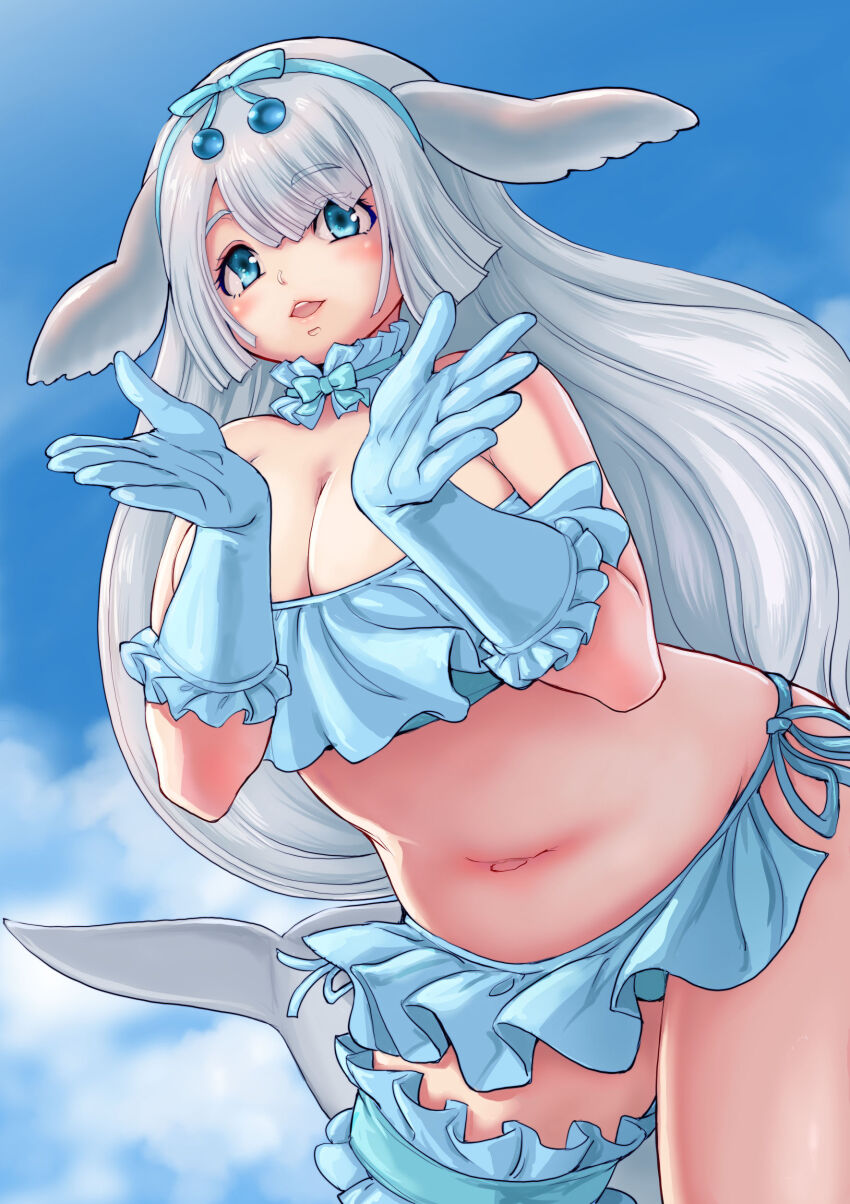 1girl absurdres bare_shoulders blue_eyes blue_sky breasts choker cleavage dugong_(kemono_friends) elbow_gloves fins frills gloves grey_hair hair_ornament head_fins highres kemono_friends kosai_takayuki large_breasts long_hair looking_at_viewer navel outdoors sky solo strapless swimsuit tail tube_top