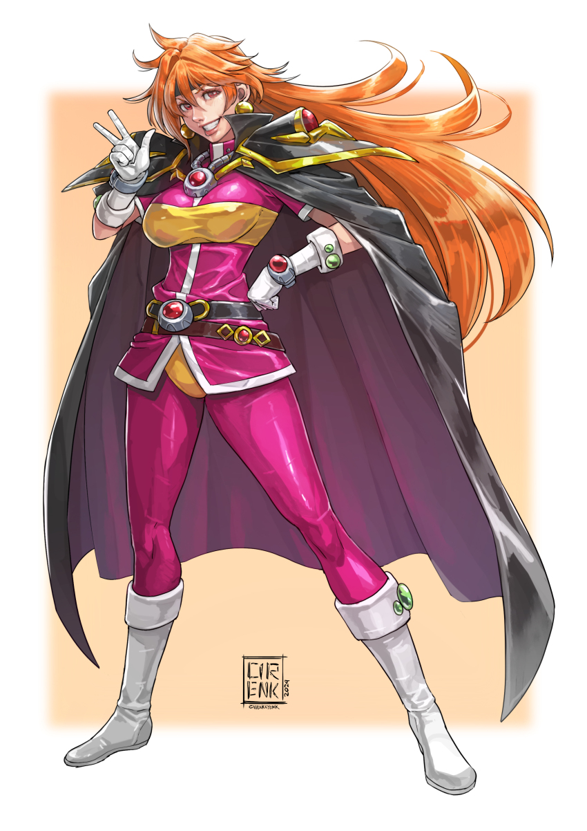 1girl 2024 absurdres armor artist_name breasts cape cirenk commentary earrings gloves headband highres jewelry lina_inverse long_hair orange_hair red_eyes shoulder_armor slayers smile solo v white_footwear white_gloves