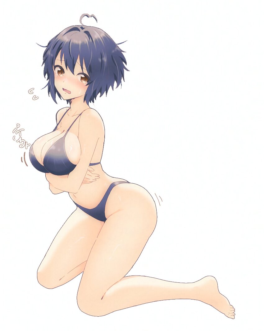 1girl 22/7 ahoge arms_under_breasts barefoot bikini black_bikini blue_hair blush breasts brown_eyes dark_blue_hair flying_sweatdrops from_side full_body gabrieltenma77 highres kneeling looking_at_viewer looking_to_the_side motion_lines open_mouth short_hair simple_background solo string_bikini swimsuit takigawa_miu wavy_hair wavy_mouth white_background