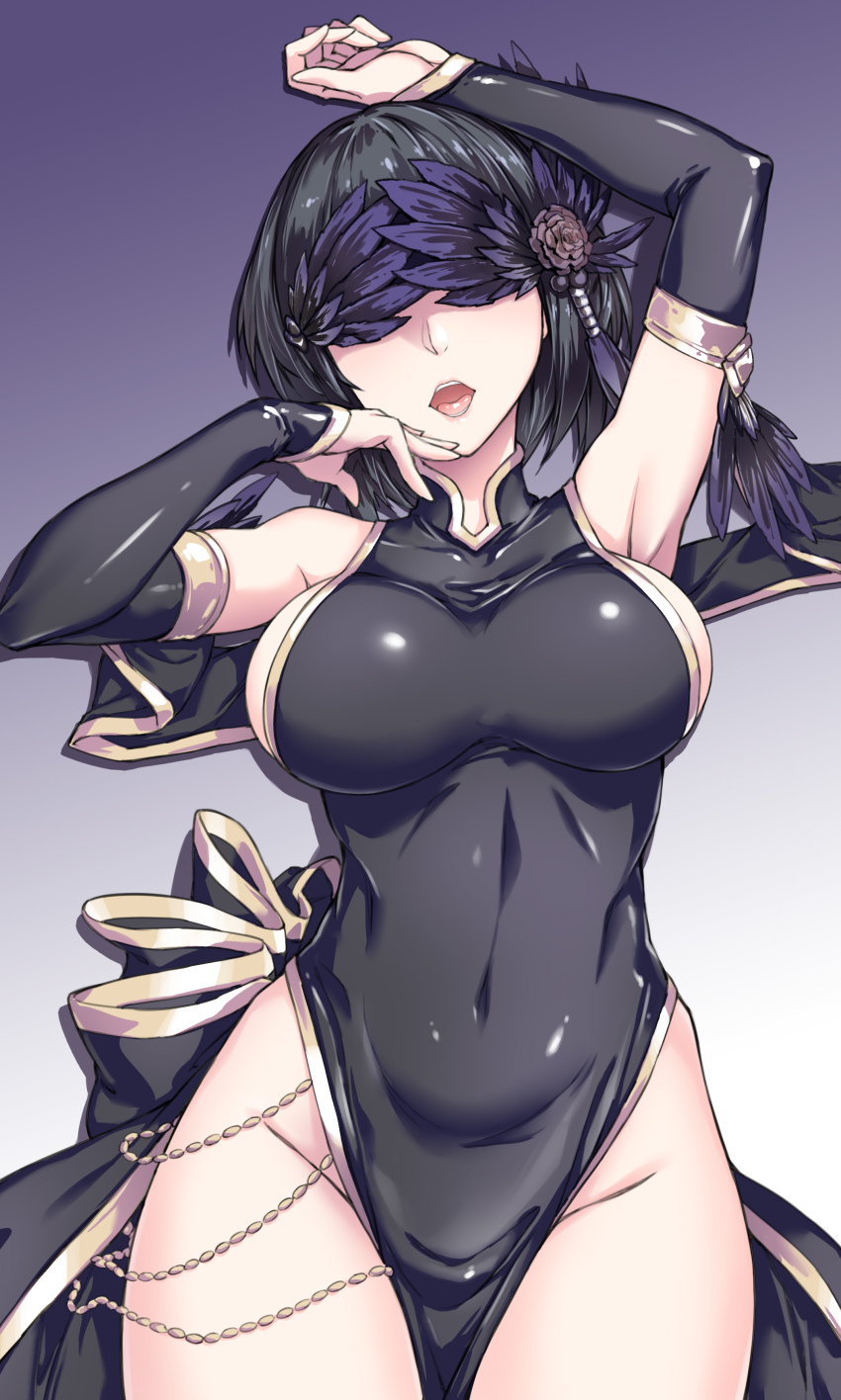 1girl absurdres arm_up black_hair breasts covered_eyes covered_navel detached_sleeves fish.boy gradient_background hair_ornament hand_on_own_face highres large_breasts lying medium_breasts on_back open_mouth phantom_blade_(game) short_hair sideboob solo teeth thighs tongue tongue_out upper_teeth_only xianzhe_(phantom_blade) xianzhe_(rakshasi_bard)_(phantom_blade)