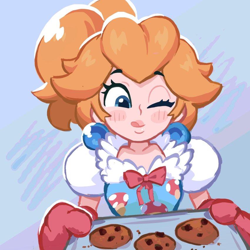 1girl 482egg absurdres apron baking blonde_hair blue_apron blue_background blue_eyes blush_stickers bow breasts chocolate_chip_cookie closed_mouth cookie earrings eyelashes food food_print fur_trim highres holding holding_tray jewelry licking_lips lips looking_down mario_(series) mittens mushroom_print nintendo one_eye_closed oven_mitts pink_bow pink_mittens ponytail princess_peach print_apron puffy_short_sleeves puffy_sleeves short_sleeves small_breasts smile solo super_mario_bros._1 tongue tongue_out tray upper_body white_sleeves