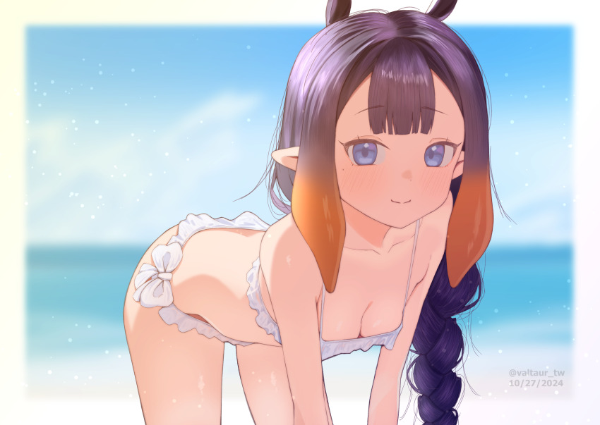 1girl absurdres all_fours animal_ears beach bikini blue_eyes blunt_bangs blurry blurry_foreground blush braid breasts dated frilled_bikini frills gradient_hair highres hololive hololive_english light_smile long_hair looking_at_viewer mole mole_under_eye multicolored_hair ninomae_ina&#039;nis orange_hair pointy_ears side-tie_bikini_bottom single_braid small_breasts smile solo swimsuit tentacle_hair twitter_username valtaur very_long_hair virtual_youtuber white_bikini